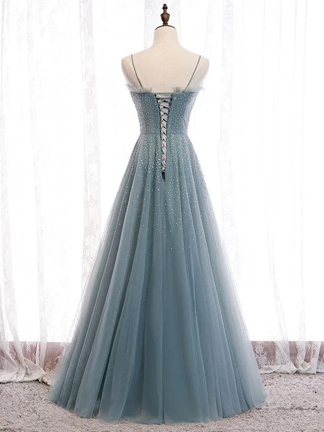 Green Sweetheart Neck Tulle Sequin Long Prom Dress Green Evening Dress