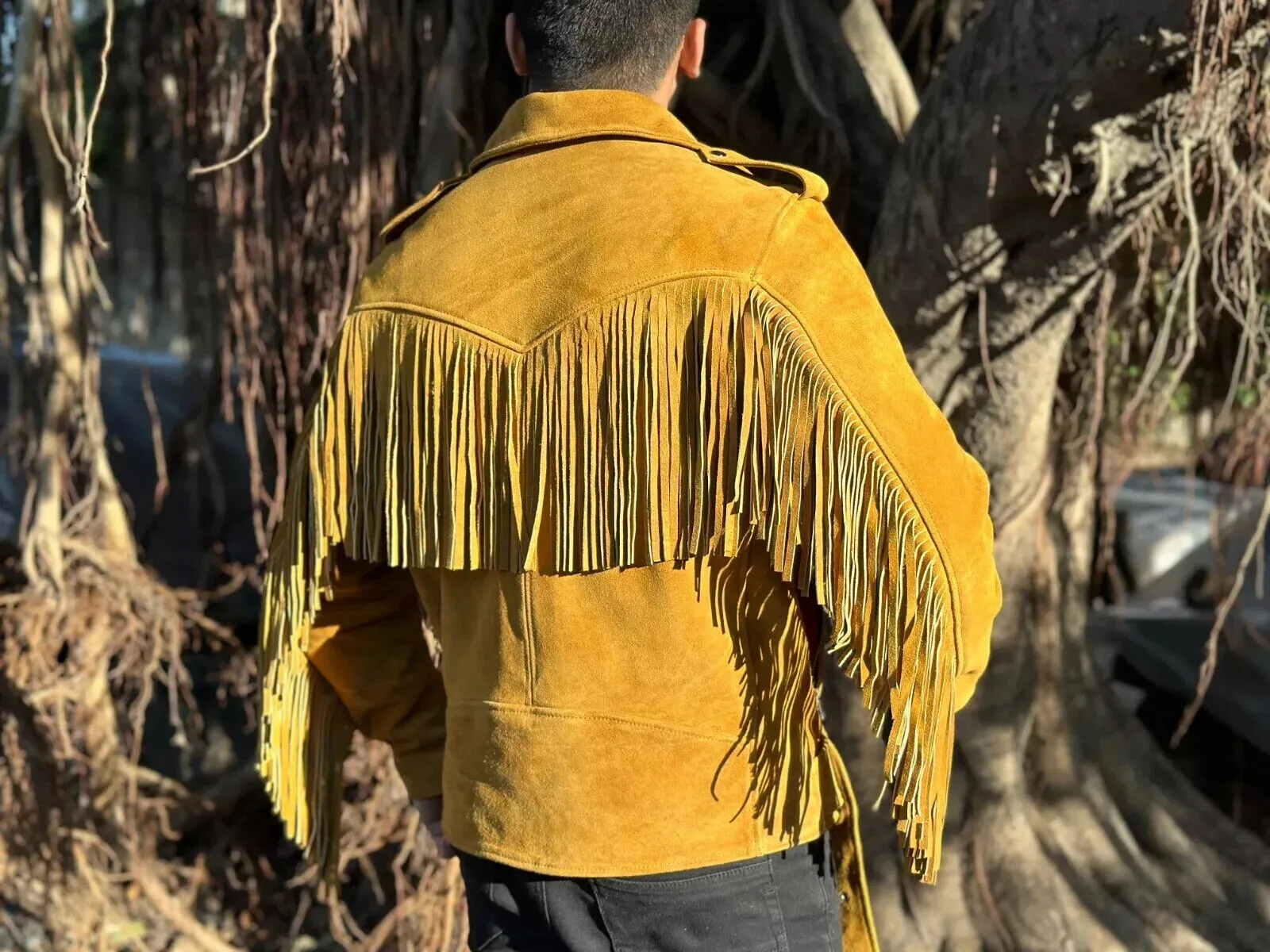 Halima Genuine Fringe Suede Leather Jacket Men Biker Motorcycle