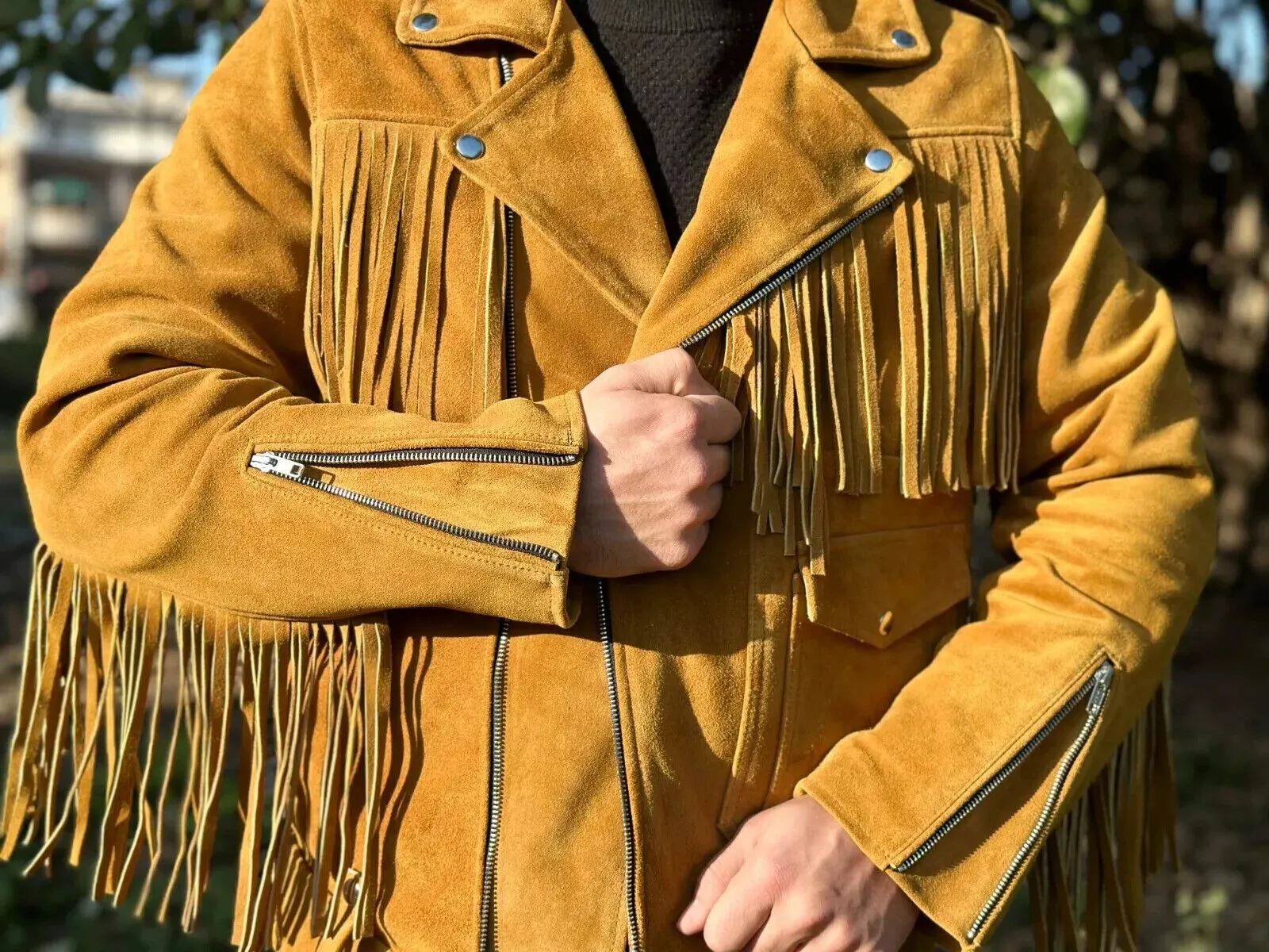 Halima Genuine Fringe Suede Leather Jacket Men Biker Motorcycle