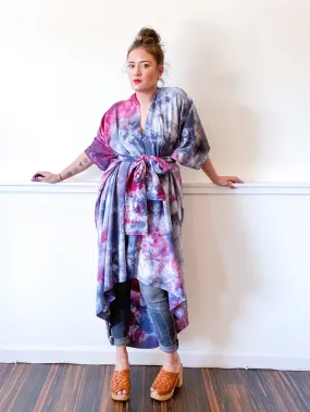 Hand-Dyed High Low Kimono Grey Maroon Tie