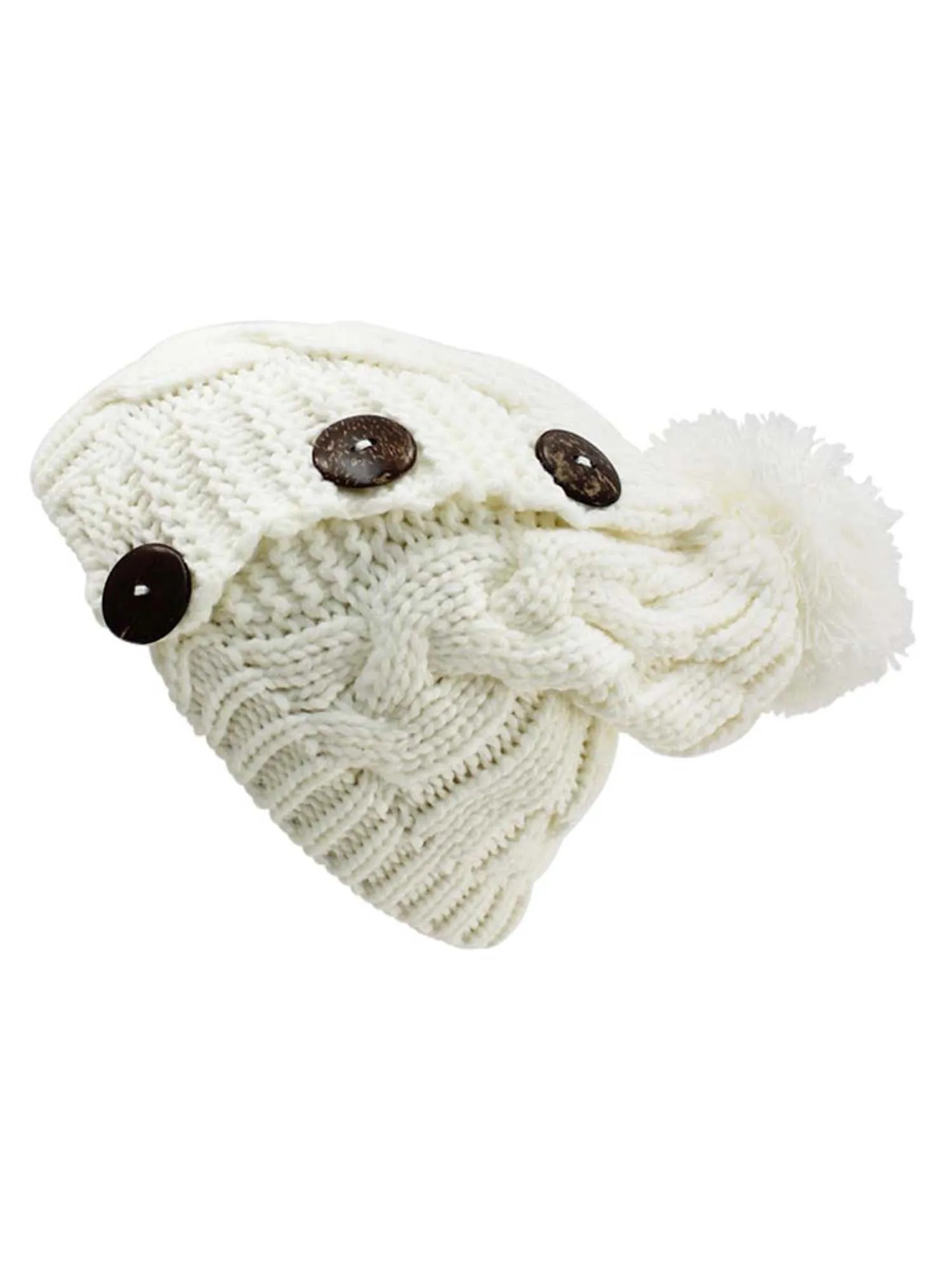 Ivory Cable Knit Slouchy Beanie Hat With Button Trim