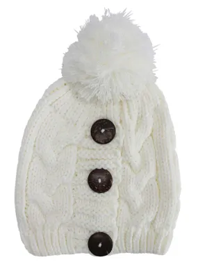 Ivory Cable Knit Slouchy Beanie Hat With Button Trim