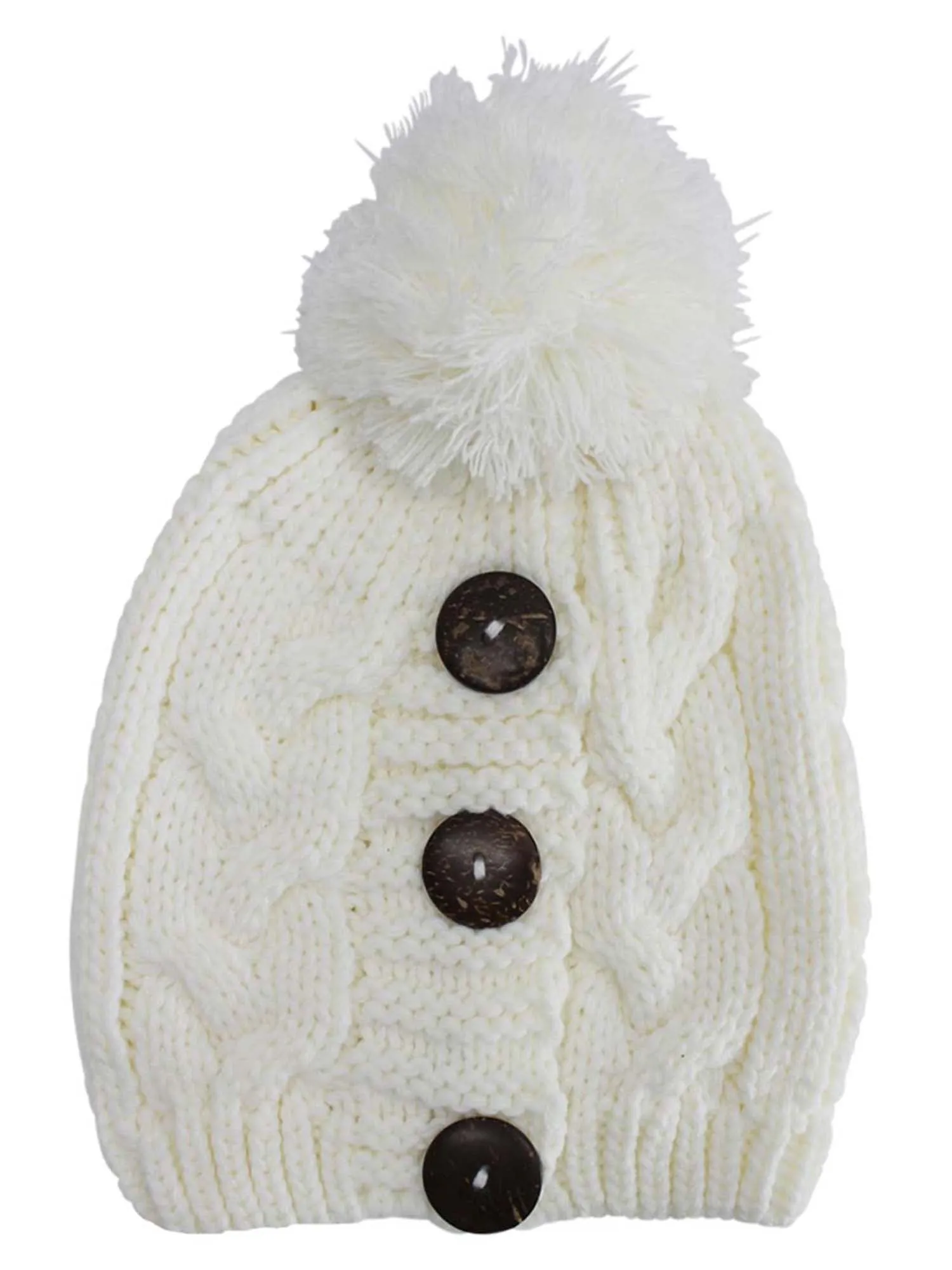 Ivory Cable Knit Slouchy Beanie Hat With Button Trim