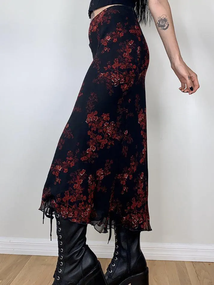 Joskaa Mesh Paneled Floral Midi Skirt