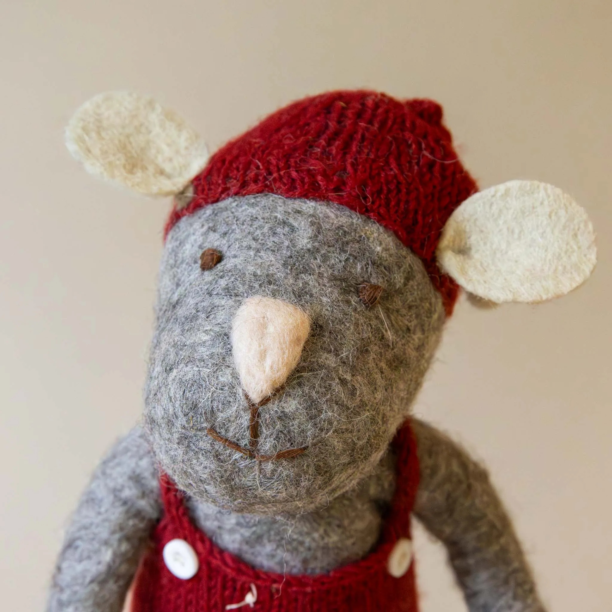 Jumbo Felted Grey Mouse | Red Overalls & Hat