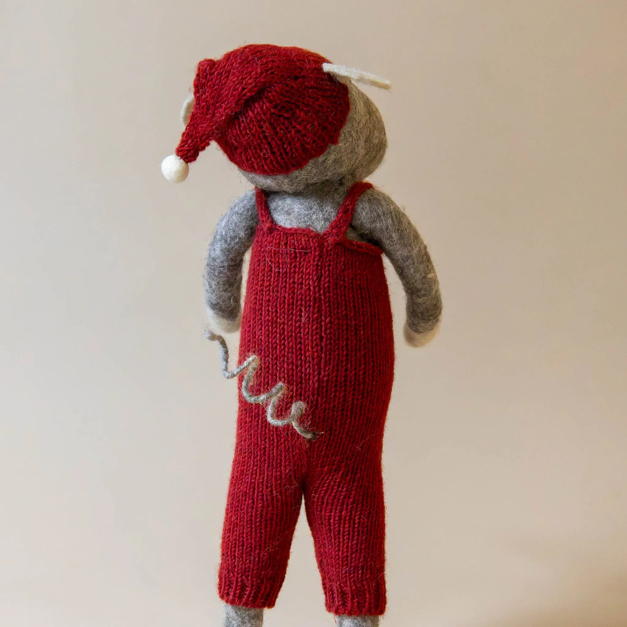 Jumbo Felted Grey Mouse | Red Overalls & Hat