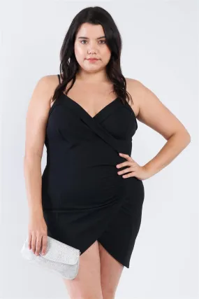 Junior Plus Size Black Wrap Front Ruched Bodycon Mini Dress /2-2-2