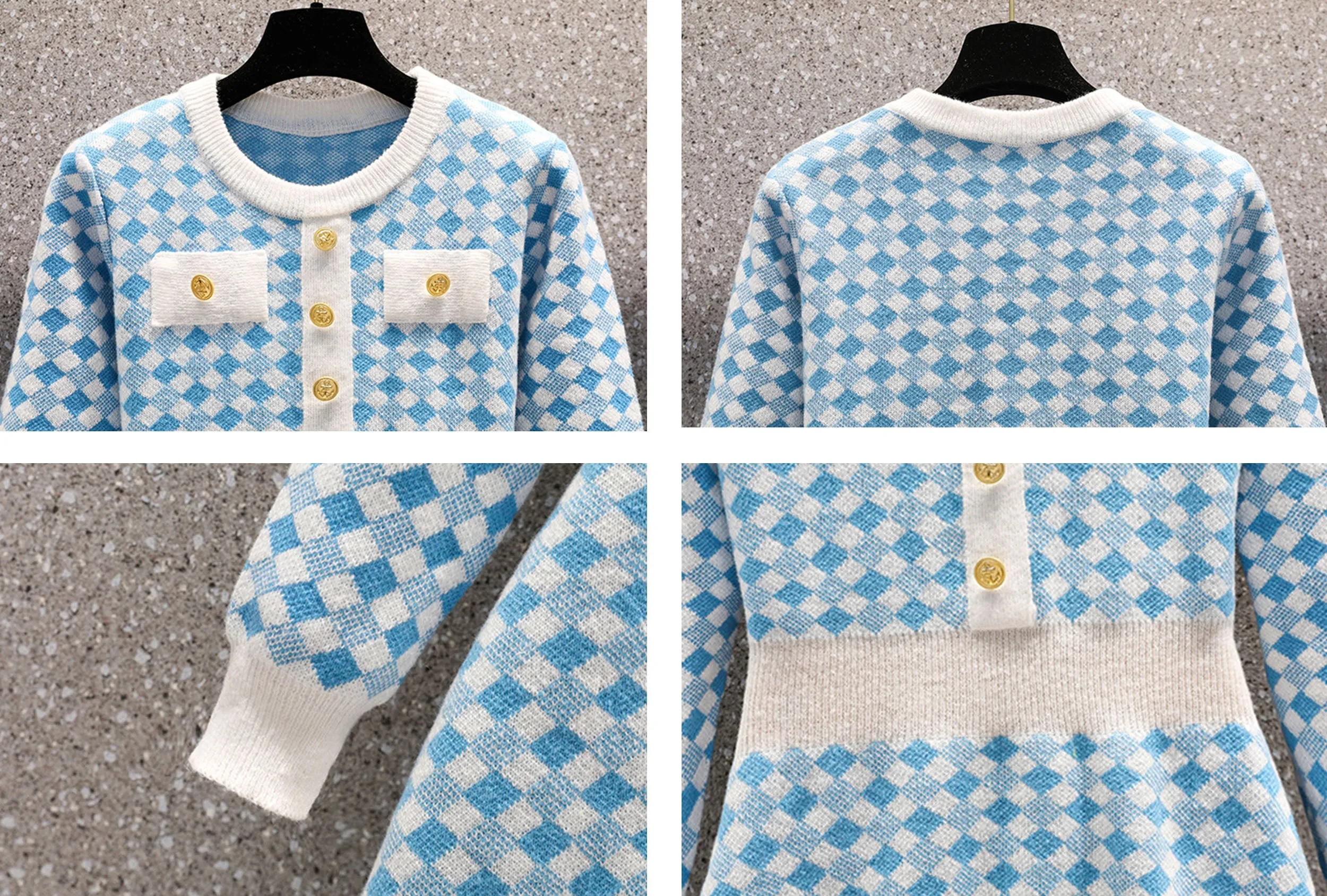 Knit Plaid Pullover Sweater Mini Dress