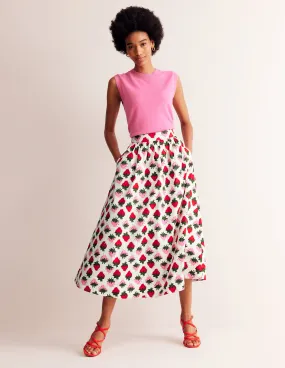 Layla Cotton Sateen Skirt-Ivory, Strawberry Pop