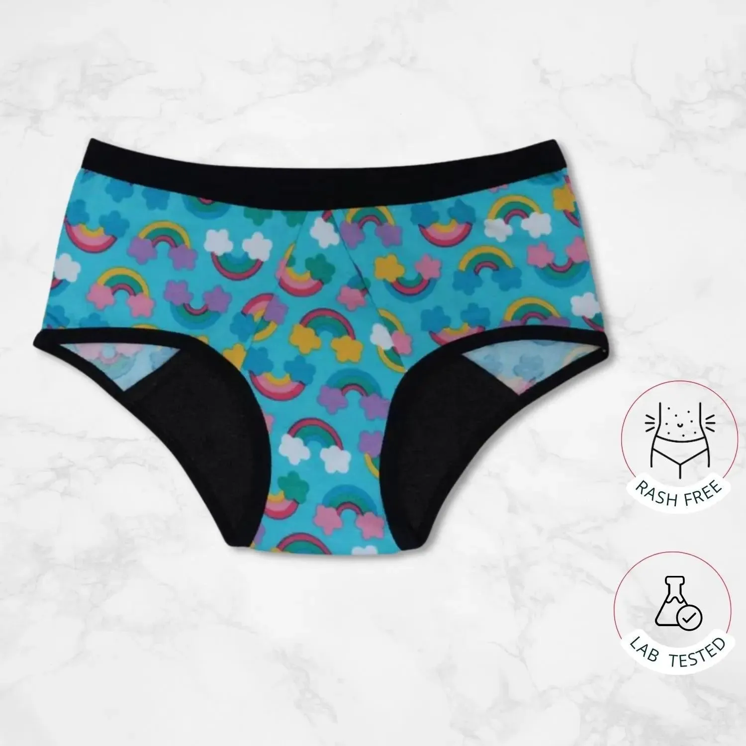 LEAKPROOF & REUSABLE PERIOD UNDERWEAR | RAINBOW BLUE PRINT & GREEN | ANTIMICROBIAL LINING | NO PAD NEEDED