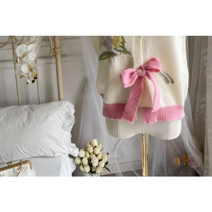 Long-Sleeve Collar Plain Bow Button Midi A-Line Dress / Crew Neck Floral Button Sweater Vest