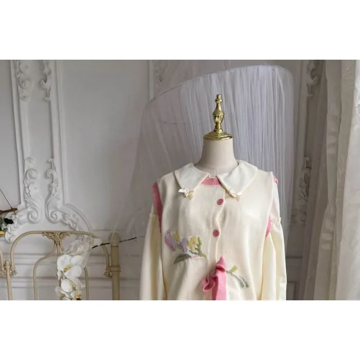 Long-Sleeve Collar Plain Bow Button Midi A-Line Dress / Crew Neck Floral Button Sweater Vest