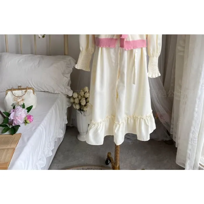 Long-Sleeve Collar Plain Bow Button Midi A-Line Dress / Crew Neck Floral Button Sweater Vest