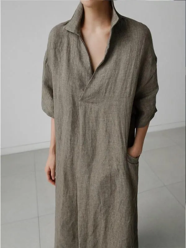 Loose plus size shirt dress cotton and linen fashion long over the knee skirt