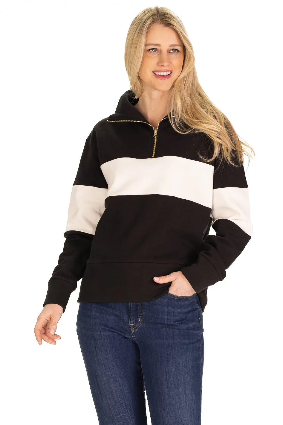 Lottie Quarter Zip in Black Colorblock