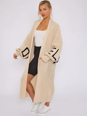 LOVE Detail Balloon Sleeves Knitted Open Cardigan