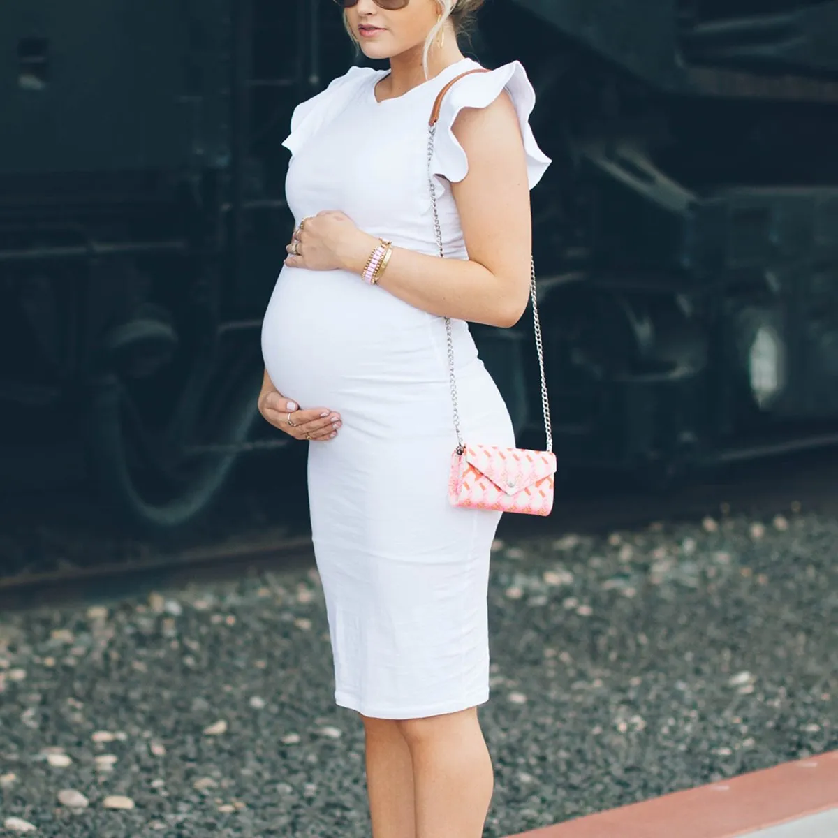 Maternity White Flounced Knee-Length Bodycon Dress