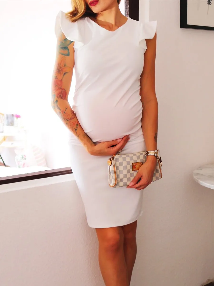 Maternity White Flounced Knee-Length Bodycon Dress