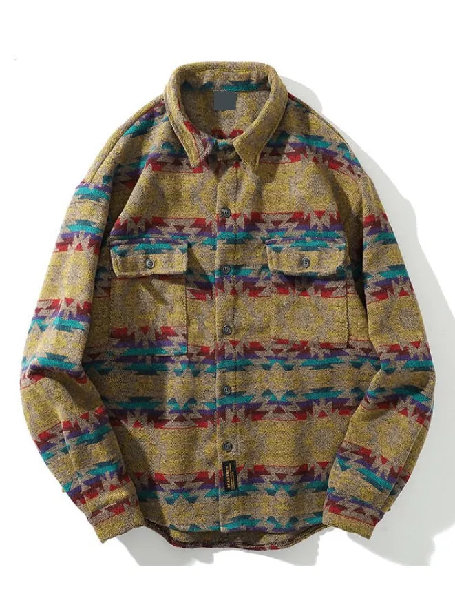 Men Autumn Winter Warm Woolen Shirt Jacket Unisex Long Sleeve Aztec Western Flannel Shirt