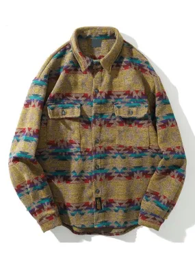 Men Autumn Winter Warm Woolen Shirt Jacket Unisex Long Sleeve Aztec Western Flannel Shirt