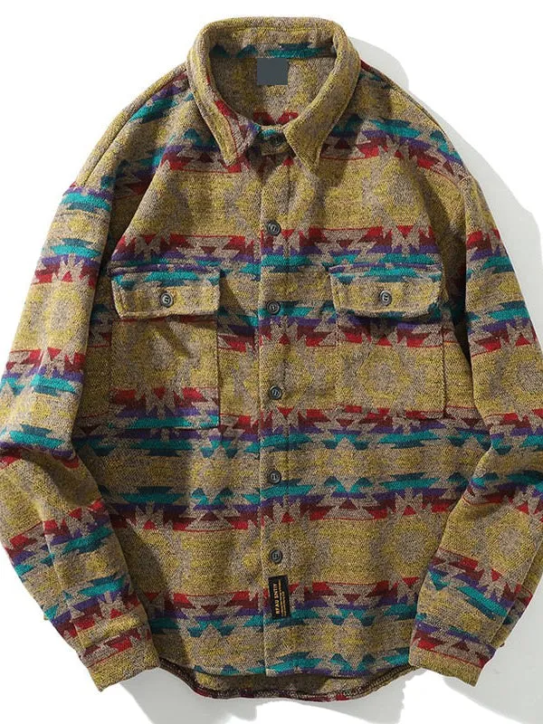 Men Autumn Winter Warm Woolen Shirt Jacket Unisex Long Sleeve Aztec Western Flannel Shirt