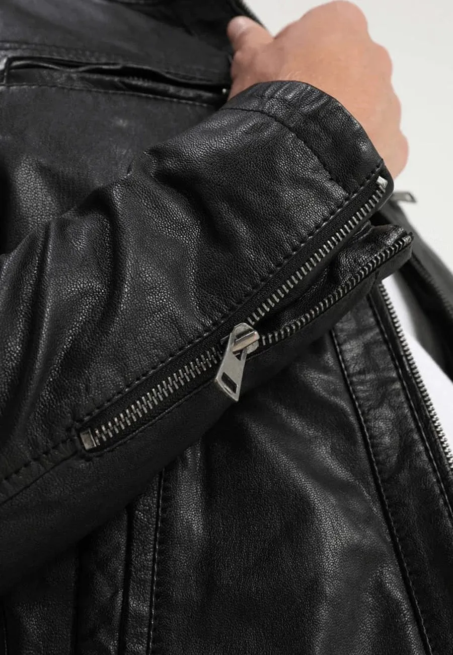 Men's Black Leather Removable Gray Hood Biker Jacket