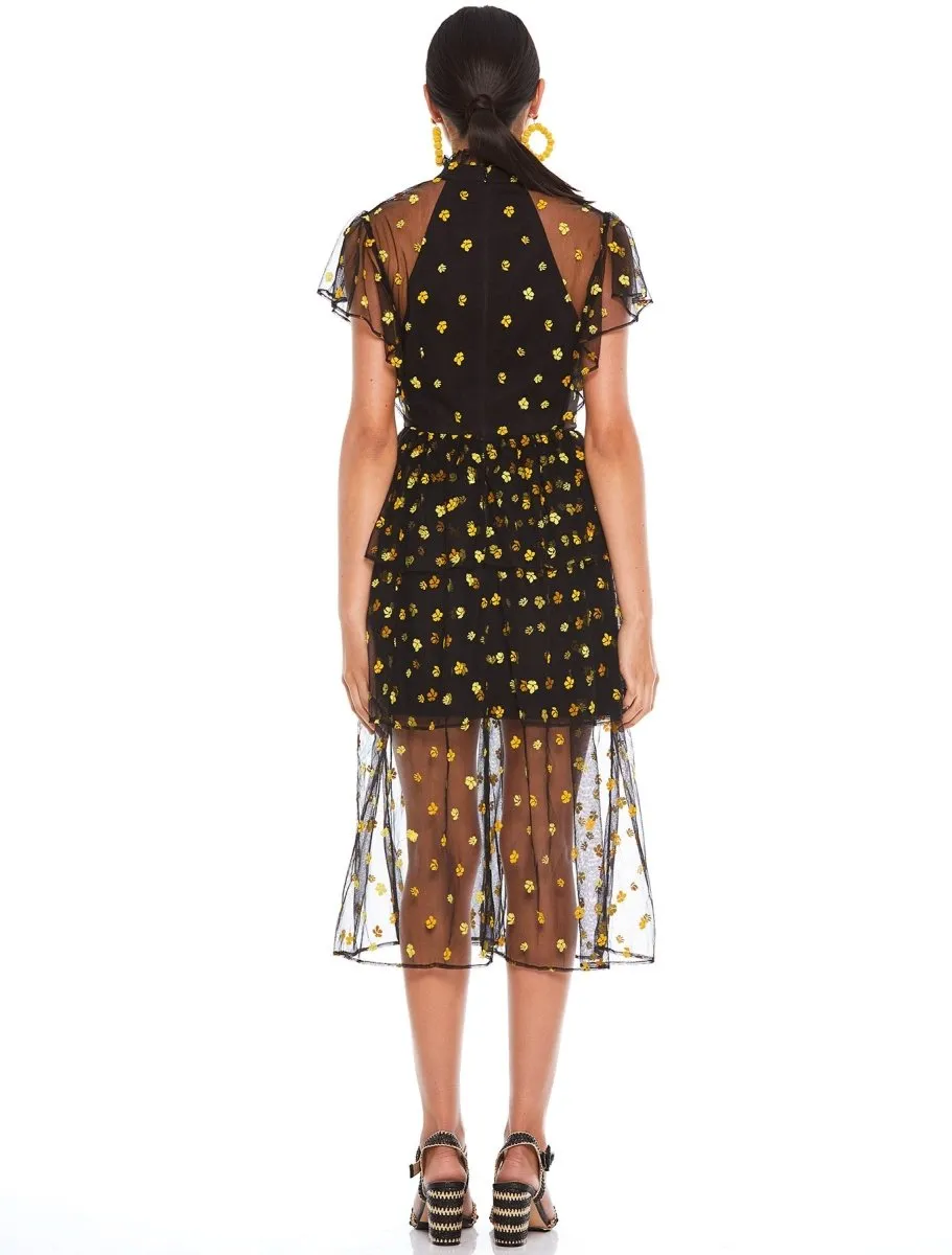 MIDNIGHT FIELD FRILLED MIDI DRESS