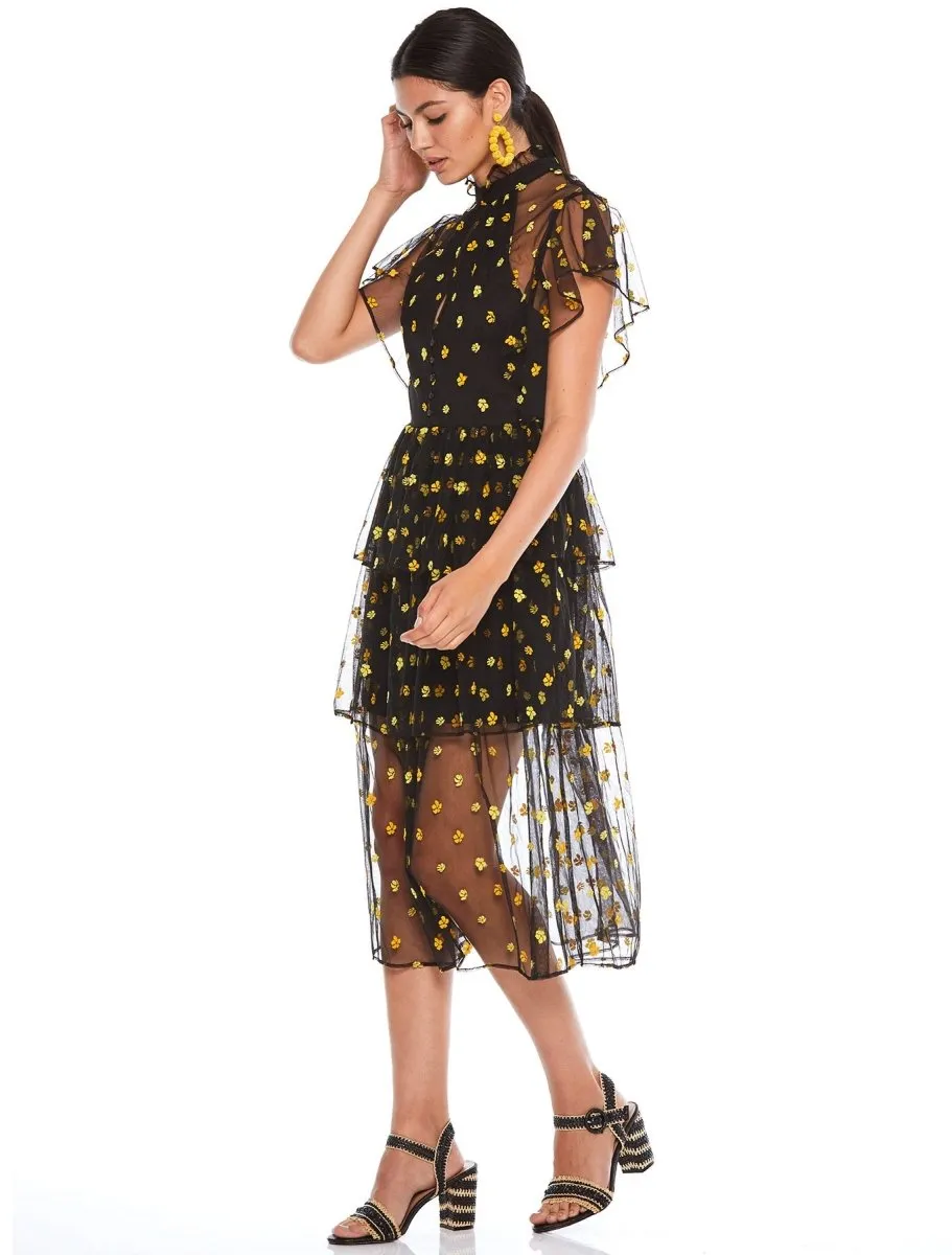 MIDNIGHT FIELD FRILLED MIDI DRESS
