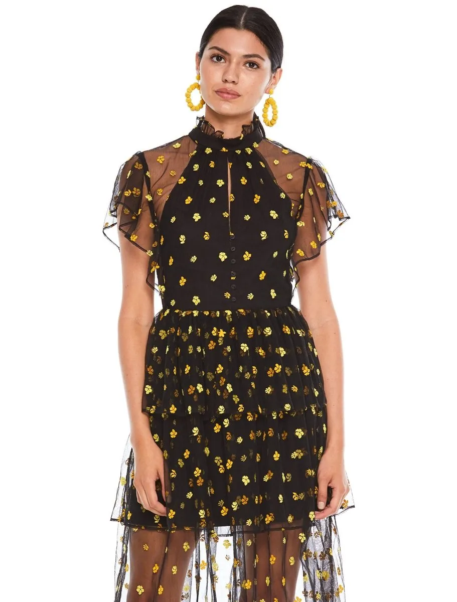 MIDNIGHT FIELD FRILLED MIDI DRESS