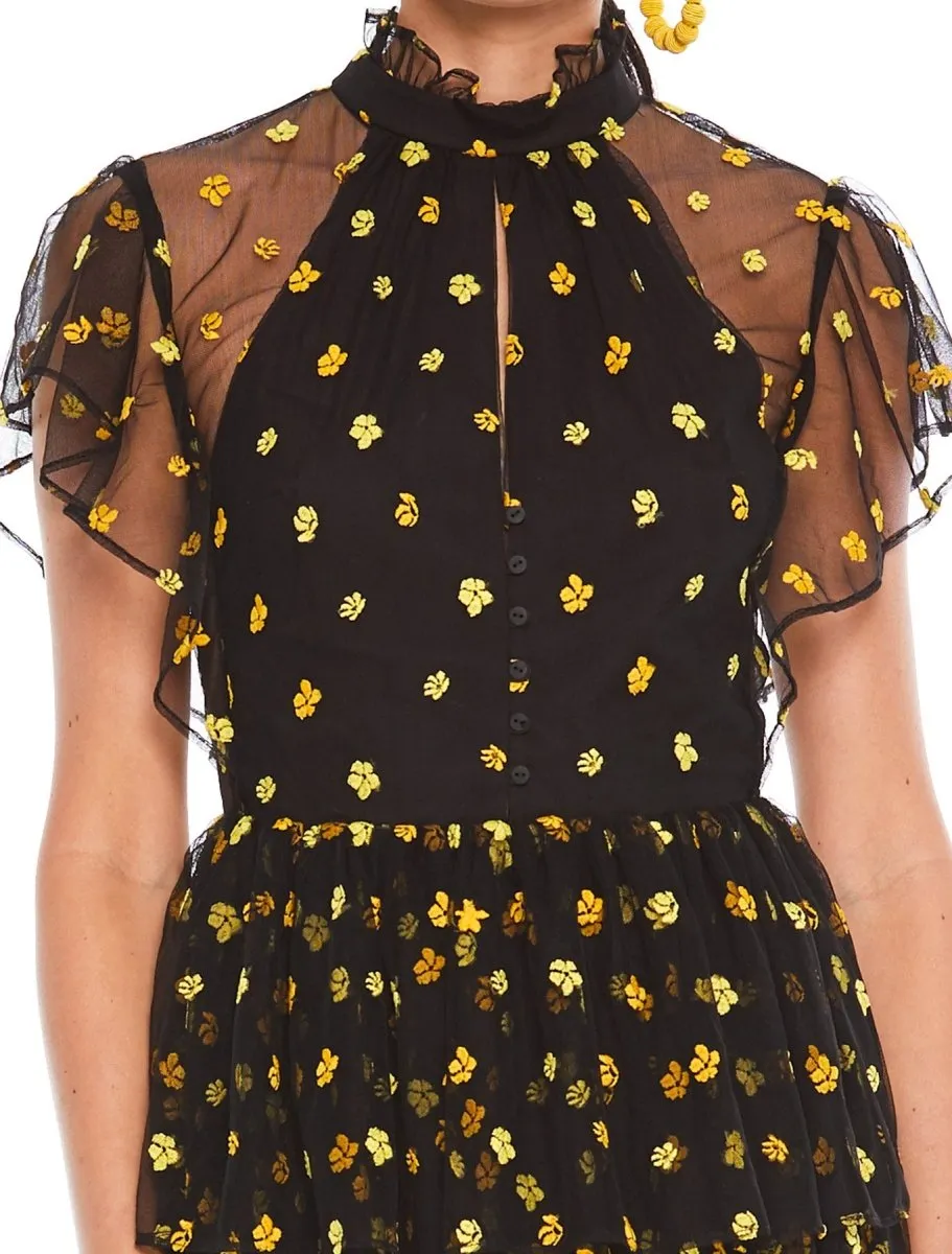 MIDNIGHT FIELD FRILLED MIDI DRESS