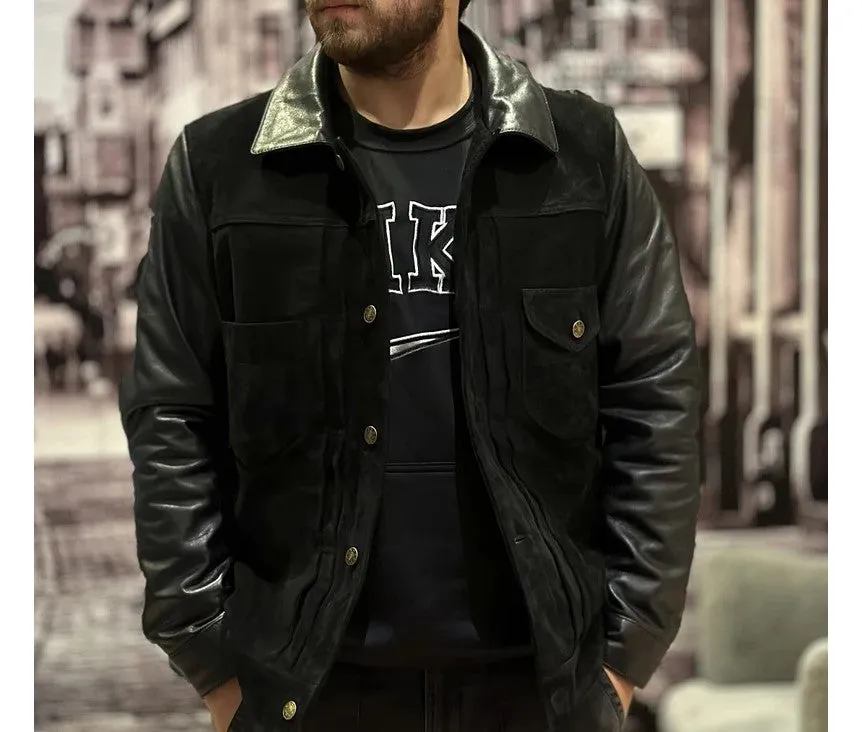 Mindo Genuine Biker Motorcycle Black Suede Leather Jacket Men