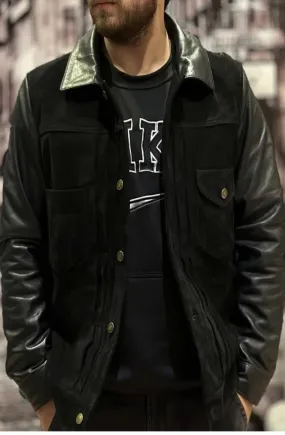 Mindo Genuine Biker Motorcycle Black Suede Leather Jacket Men