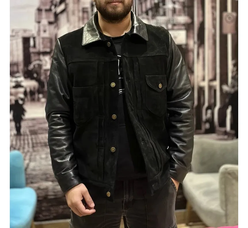 Mindo Genuine Biker Motorcycle Black Suede Leather Jacket Men