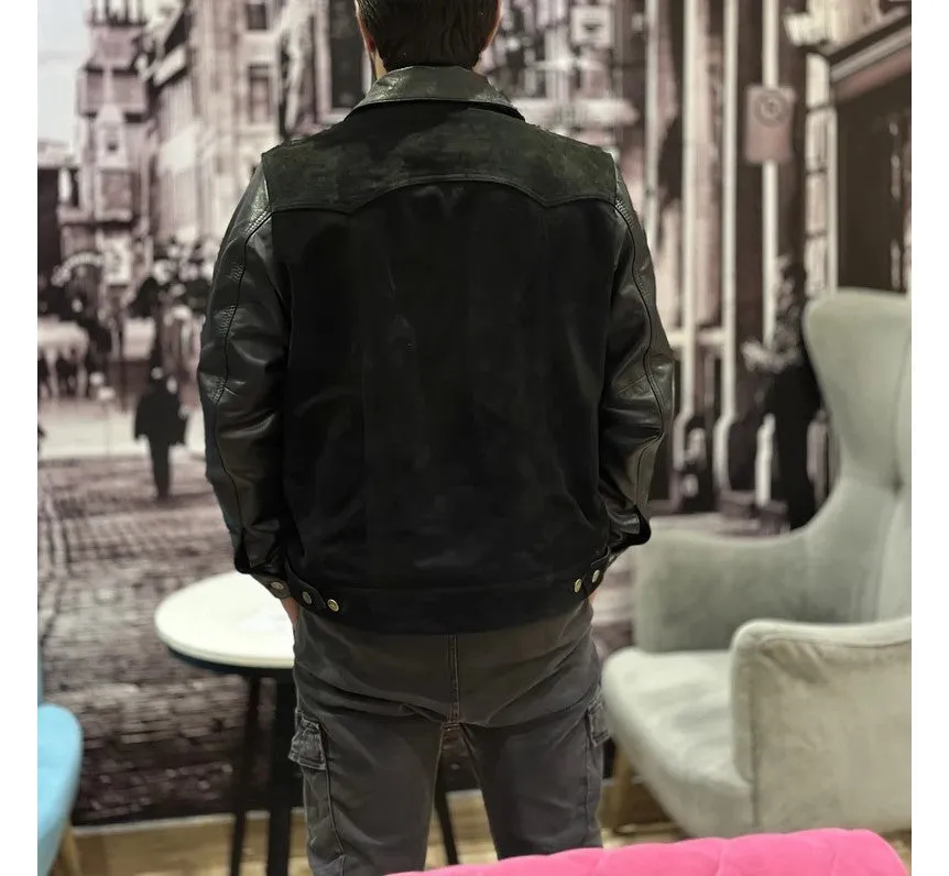 Mindo Genuine Biker Motorcycle Black Suede Leather Jacket Men