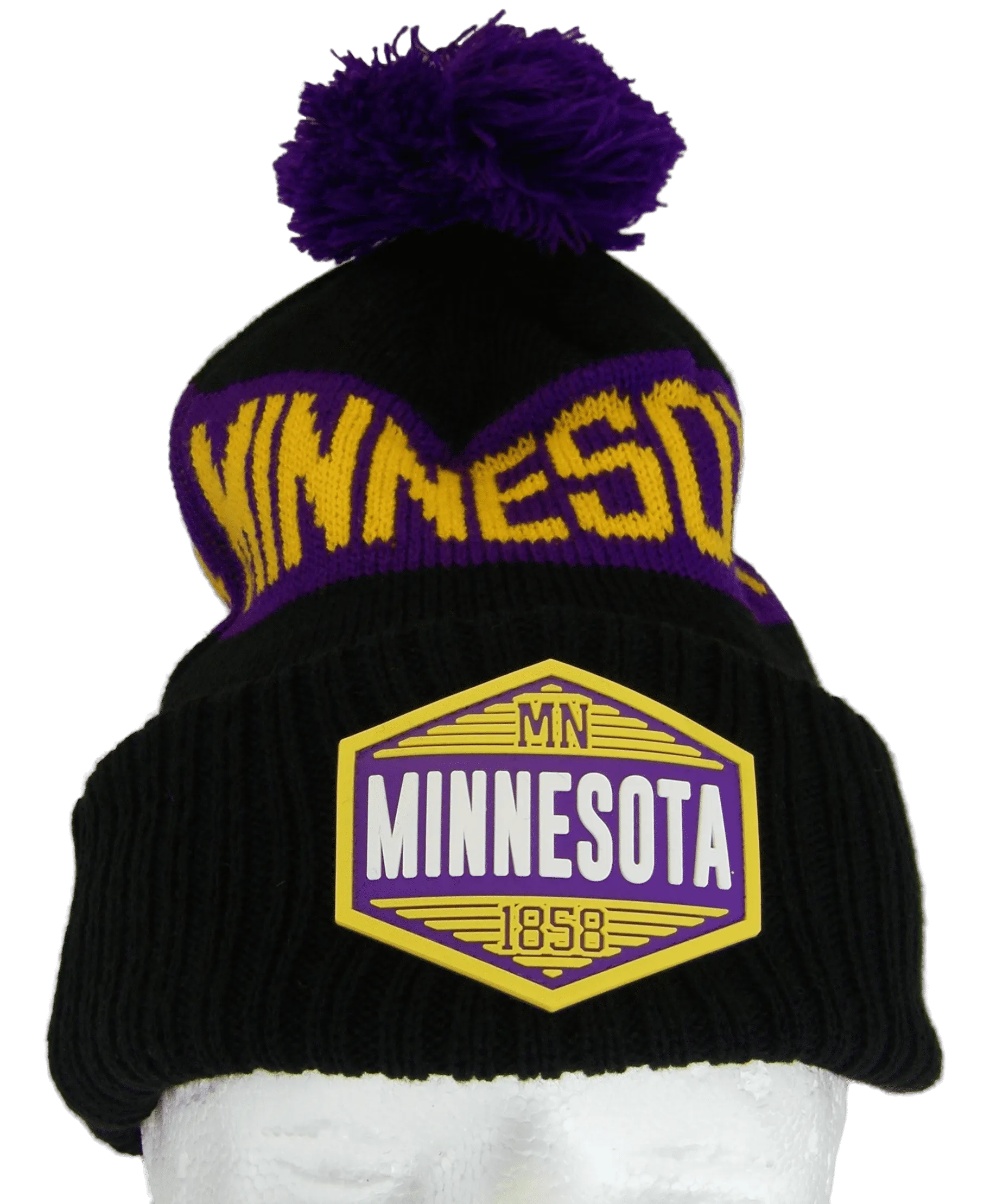 Minnesota Winter Knit 3D Rubber Patch Pom Beanie Hat (Black/Purple)