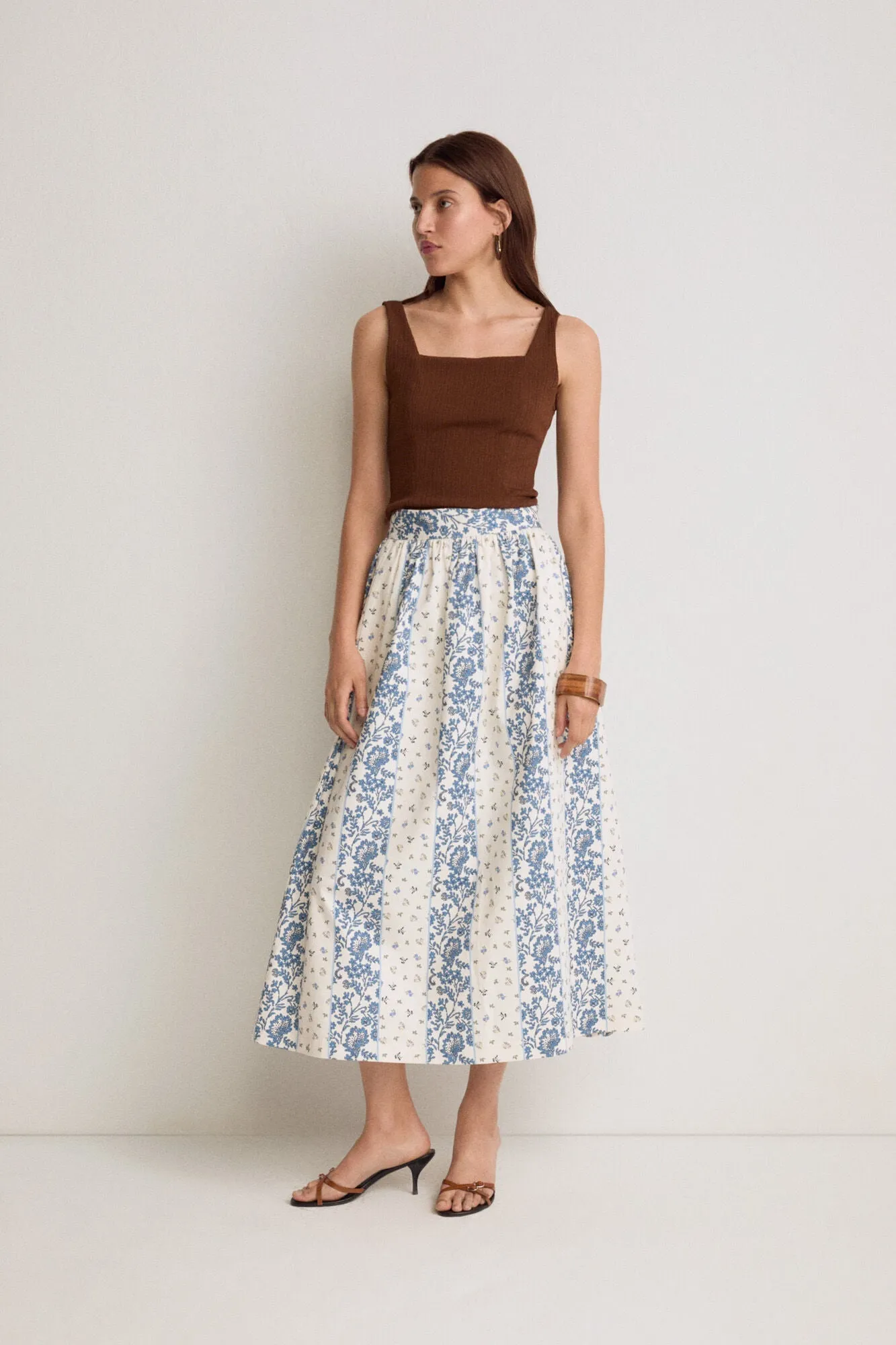 Multicolored Floral Print Cotton Midi Skirt