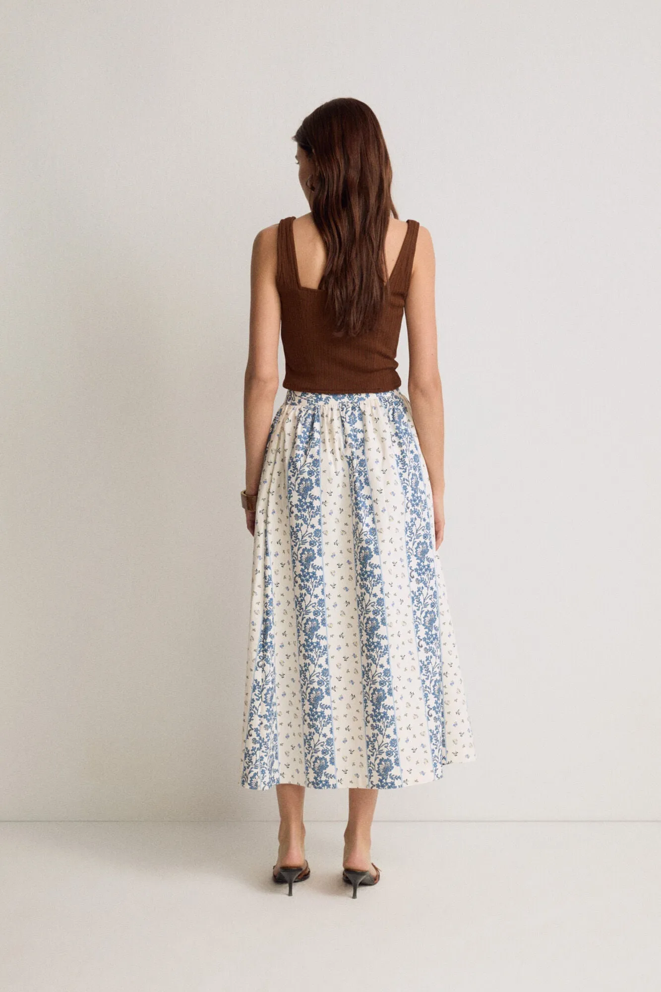 Multicolored Floral Print Cotton Midi Skirt