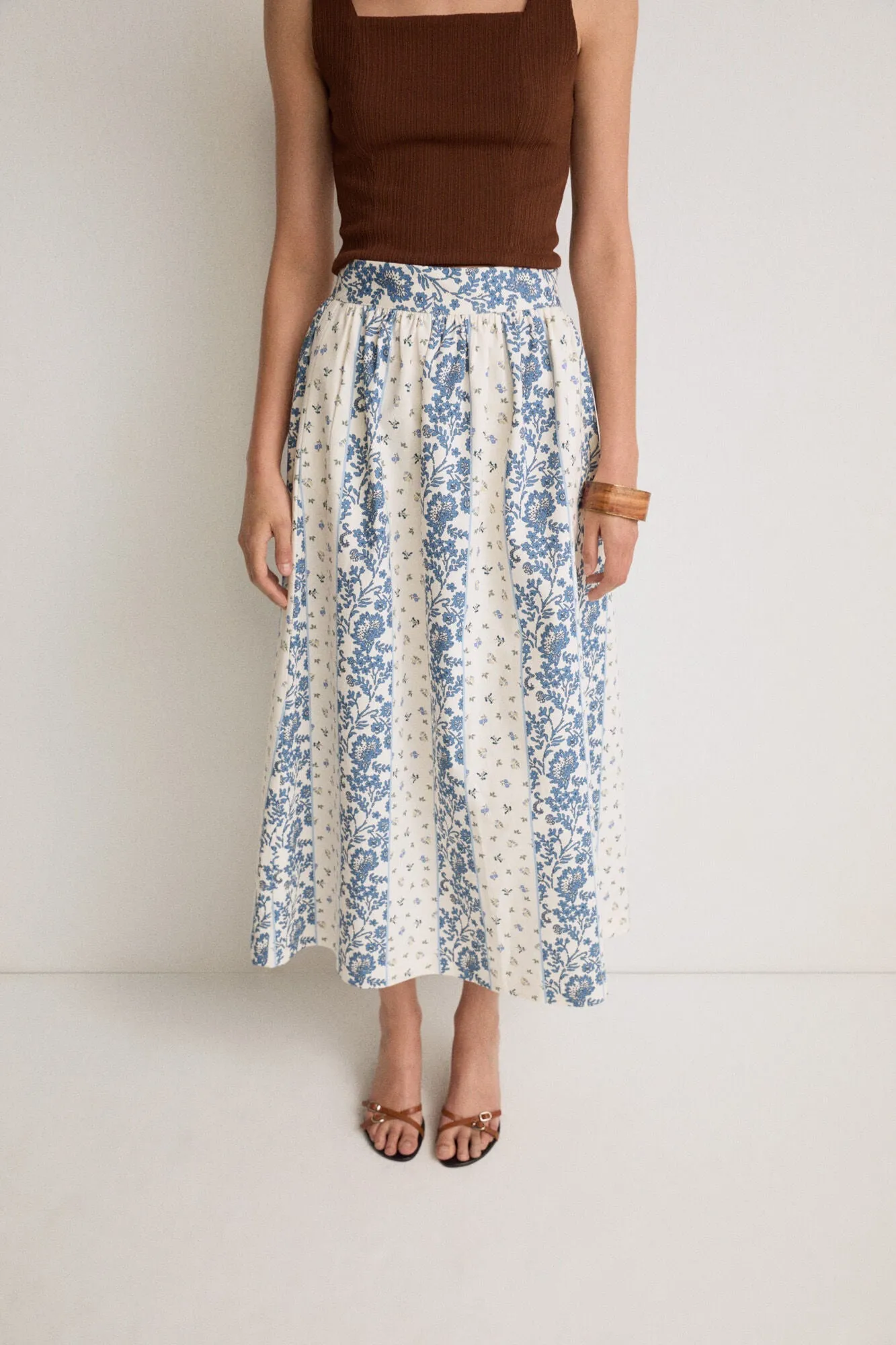 Multicolored Floral Print Cotton Midi Skirt