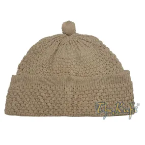 One-Size Light Brown Thick-Weave Stretchy Double Layer Warm Cotton-Acrylic Beanie Hat With Pompom