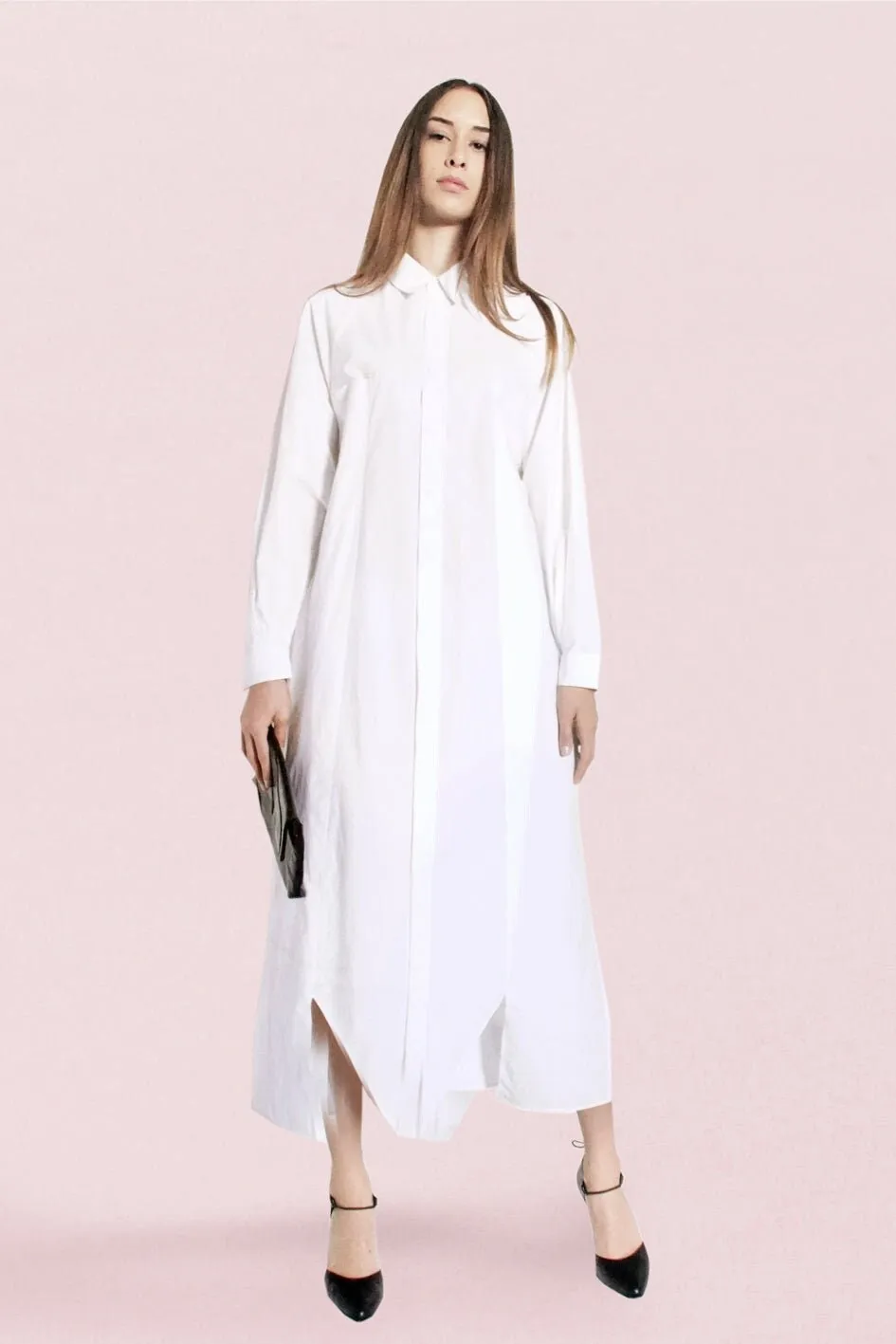 Origami Cotton Long Sleeves Maxi Shirt / White