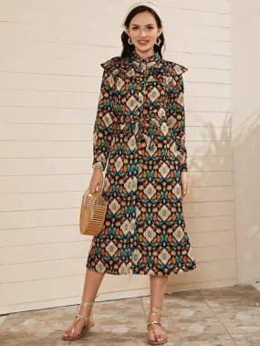 Paisley Print Ruffle Trim Belted Shirt Dress