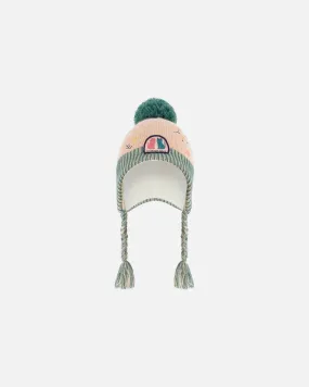 Peruvian Knit Hat Light Pink, Sage Green And Flowers