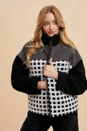 Plaid Sherpa Zip-Up Jacket with Drop Shoulders