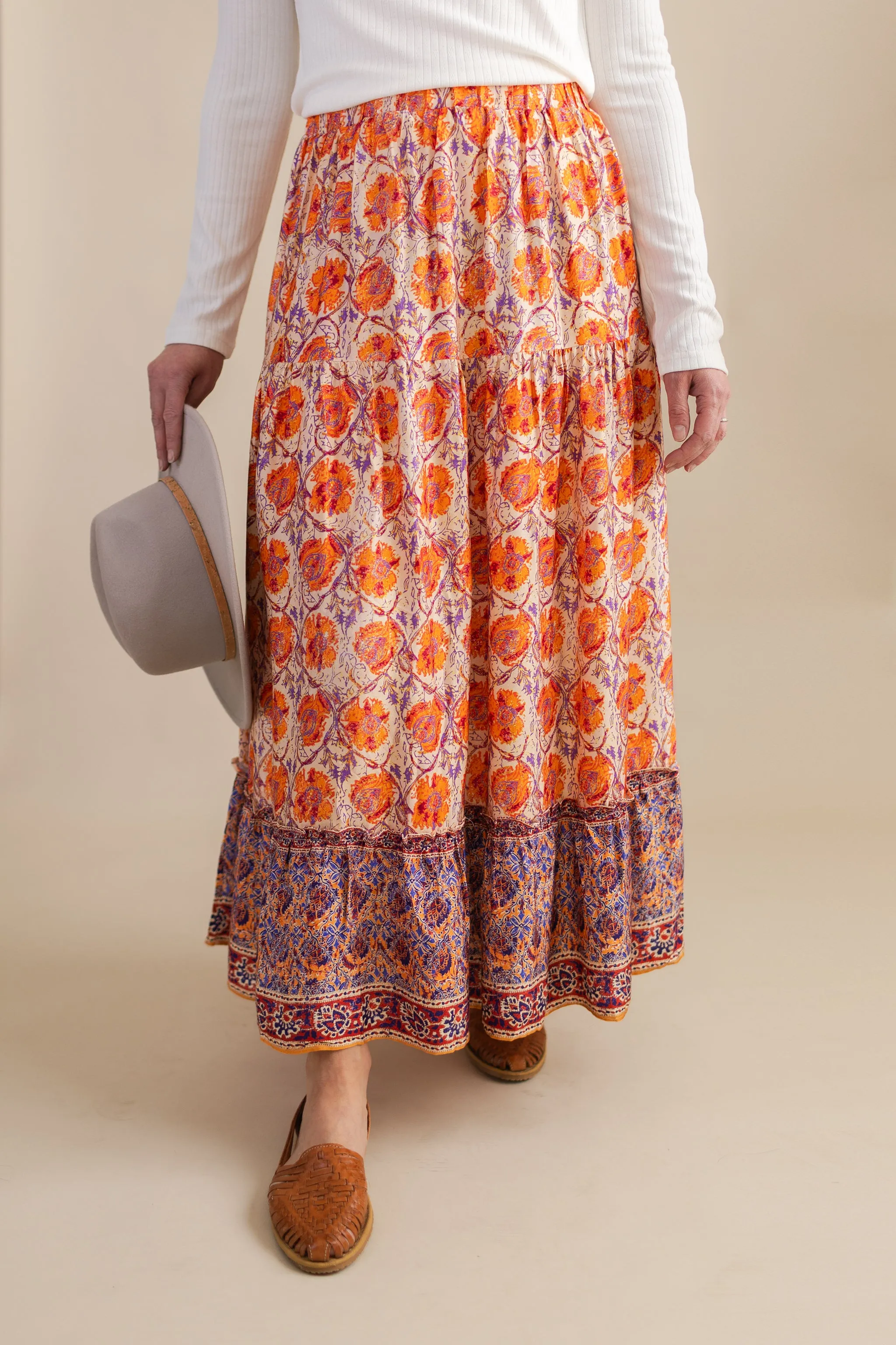 Printed Tiered Midi Skirt