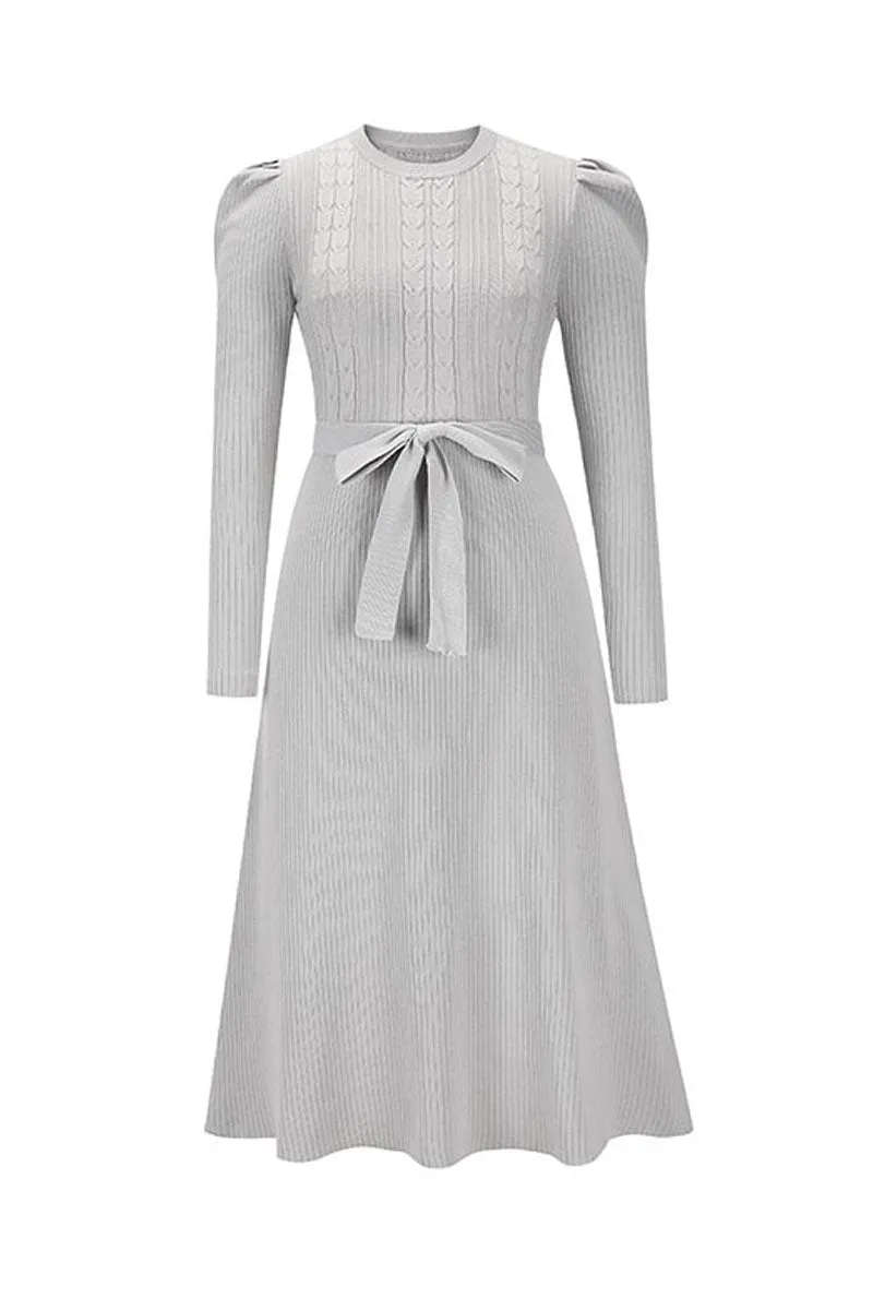 Puff Long Sleeve Belted Knit Sweater Dress