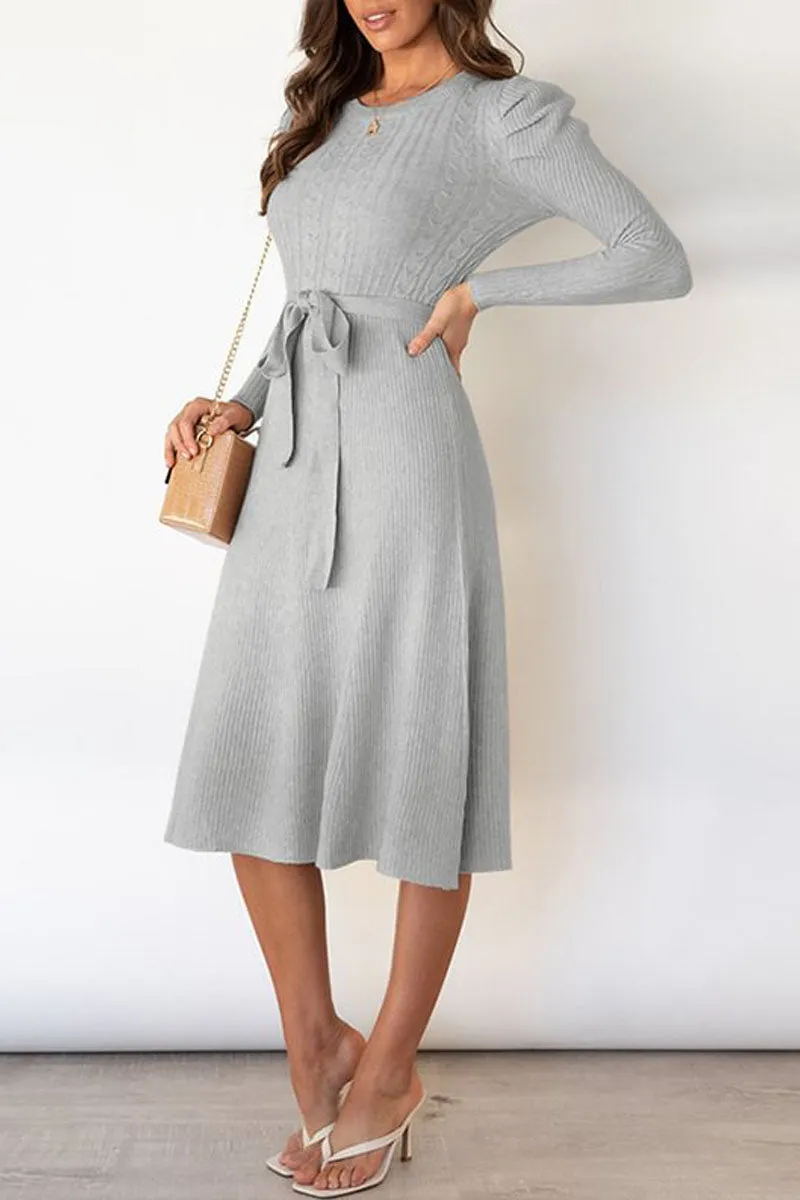 Puff Long Sleeve Belted Knit Sweater Dress