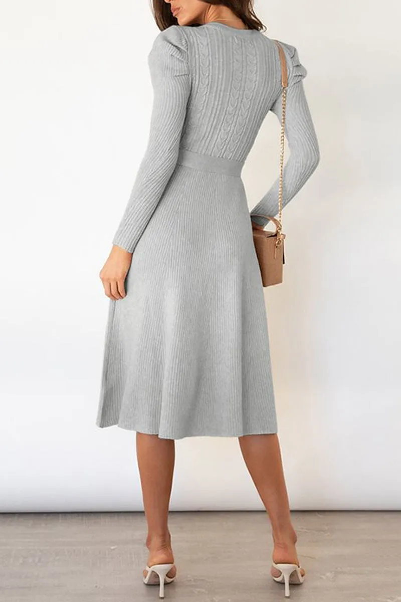 Puff Long Sleeve Belted Knit Sweater Dress