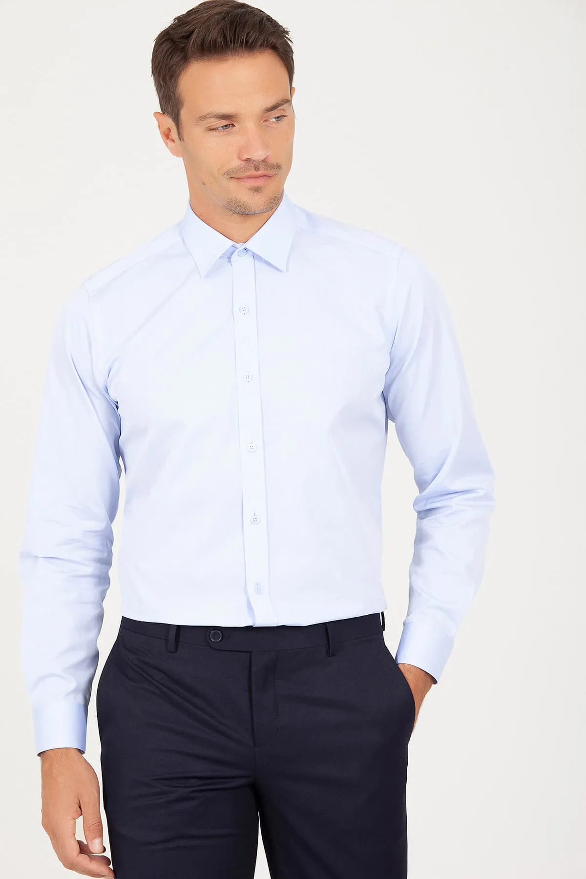 Regular Fit Long Sleeve Plain Cotton Blue Dress Shirt
