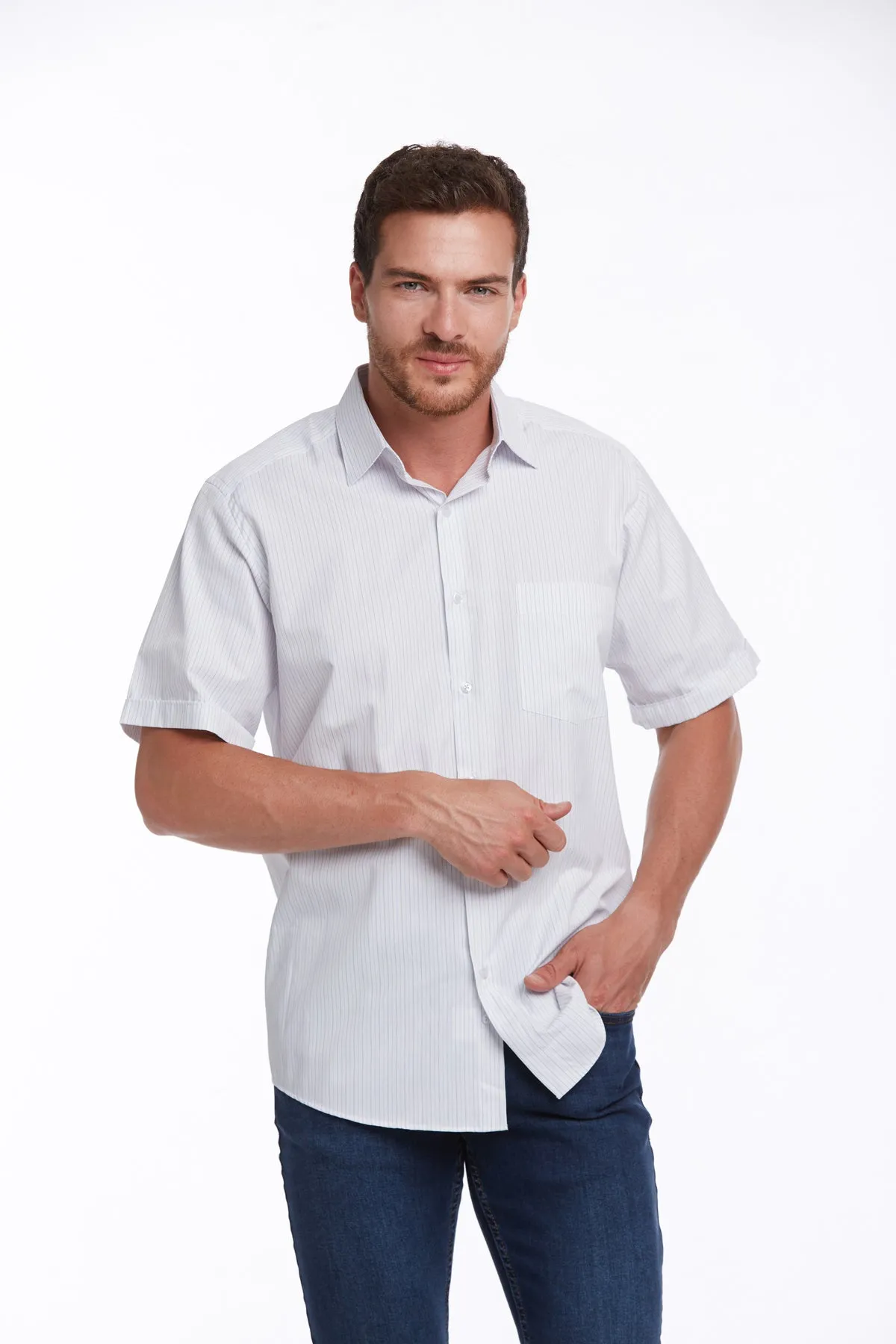 Regular Fit Short Sleeve Checked Cotton Blend Dress Shirt, Blue C