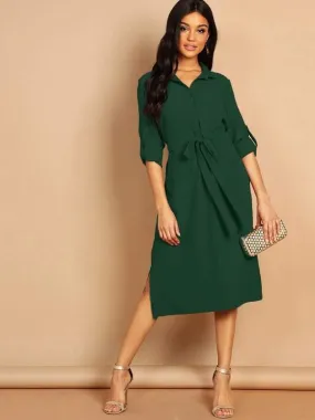 Roll Up Sleeve Self Belted Split Side Shirt Dress